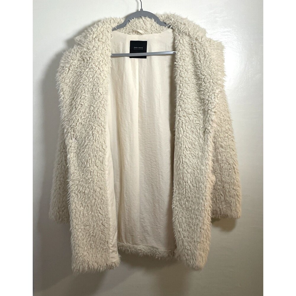 Zara Basic Outerwear Cream Fluffy/Shaggy Faux Fur Long Jacket/Coat Size Small - Picture 5 of 11